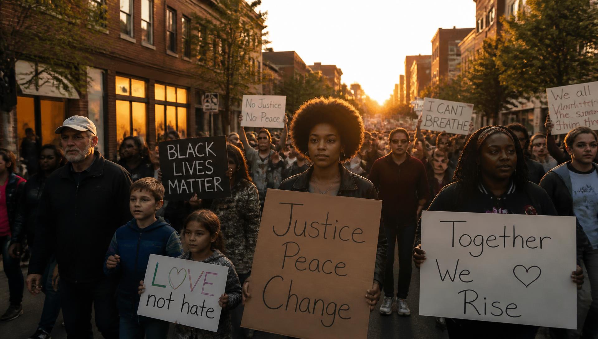 Community members marching peacefully at sunset